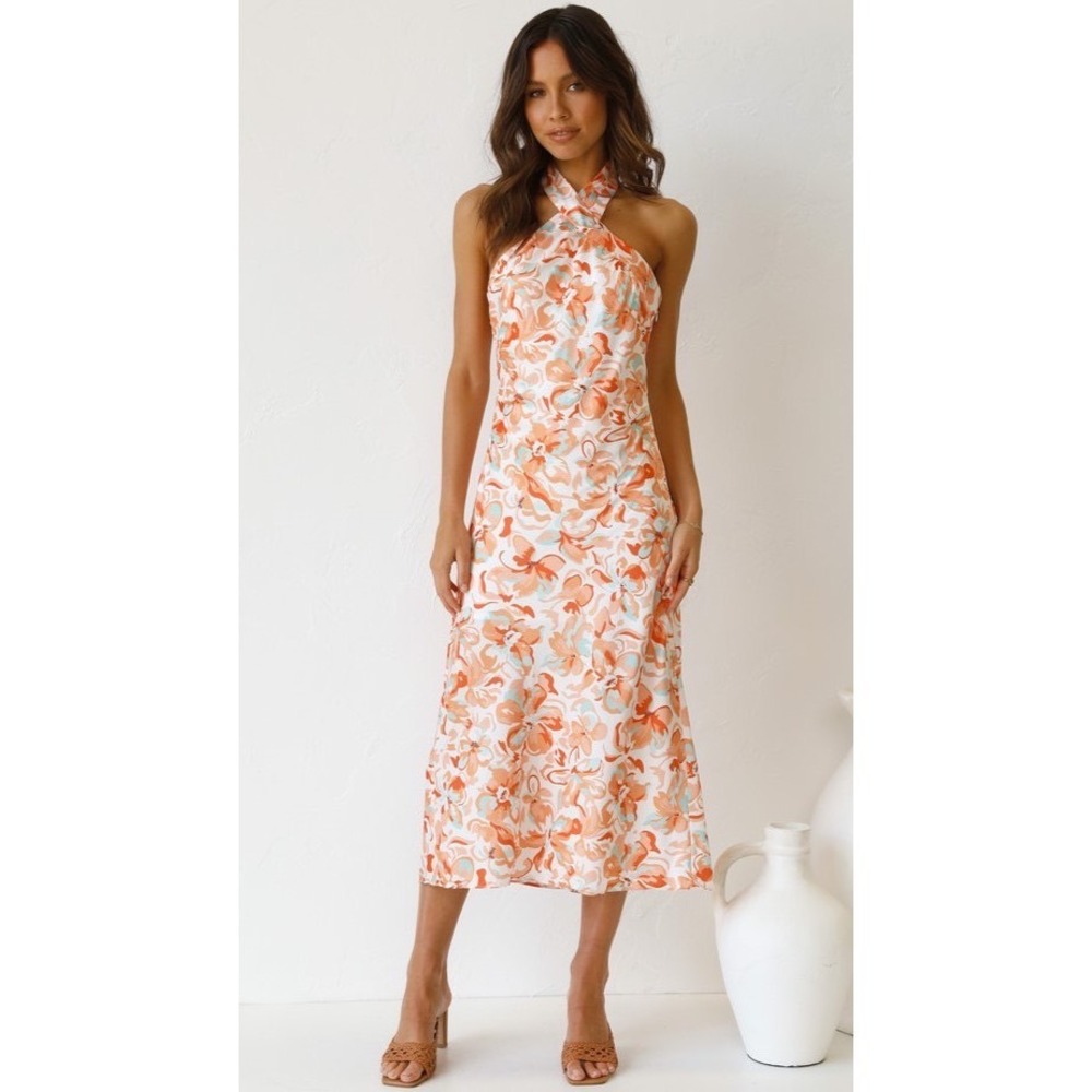 NWT All About May Orange Floral Halter‎ Midi Dress Size US 2 Vacation Open Back